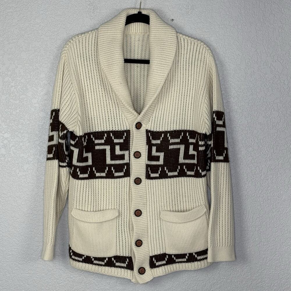 Vtg Men's Cardigan Aztec Shawl Collar Grandpacore Big Lebowski Ivory Brown Sz L